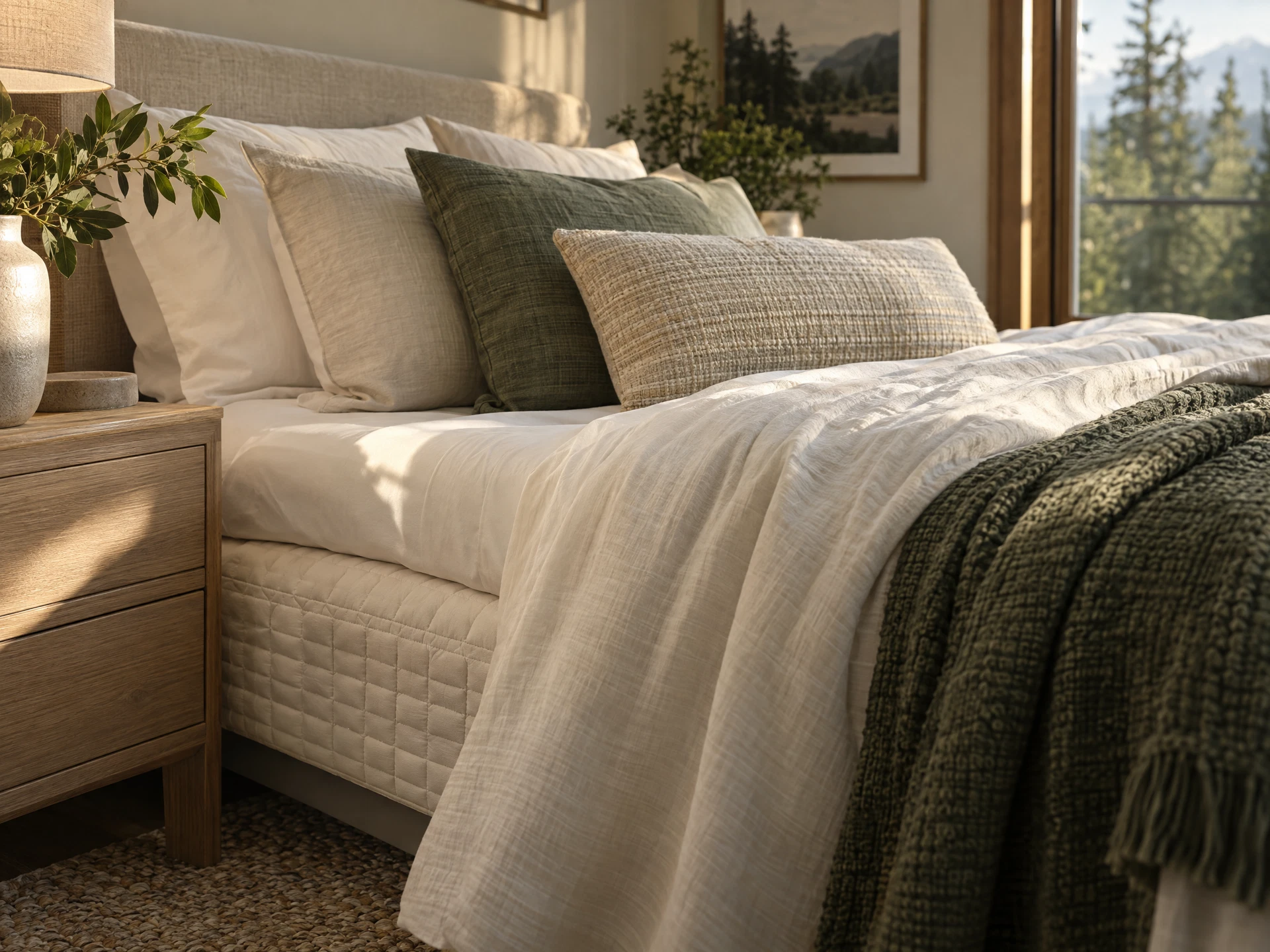 Soft natural bedding in a warm, light-filled room